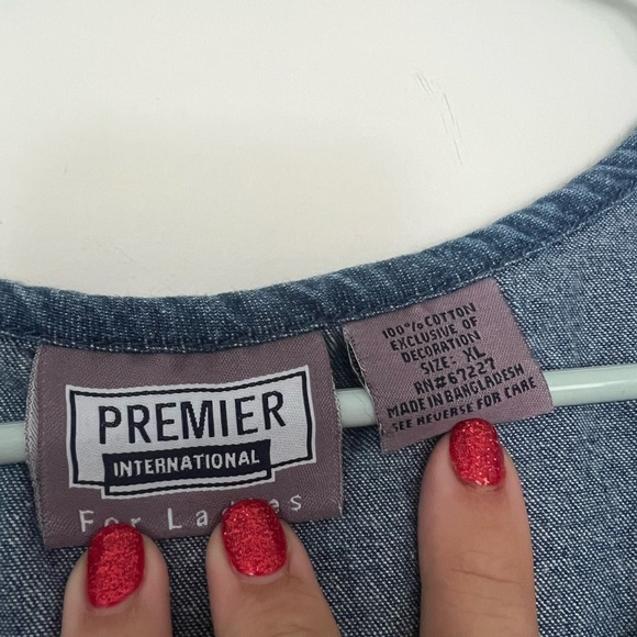 Premier International Denim Jumper Dress Xl W Embroidered Floral Bib Front Vtg - Picture 5 of 6